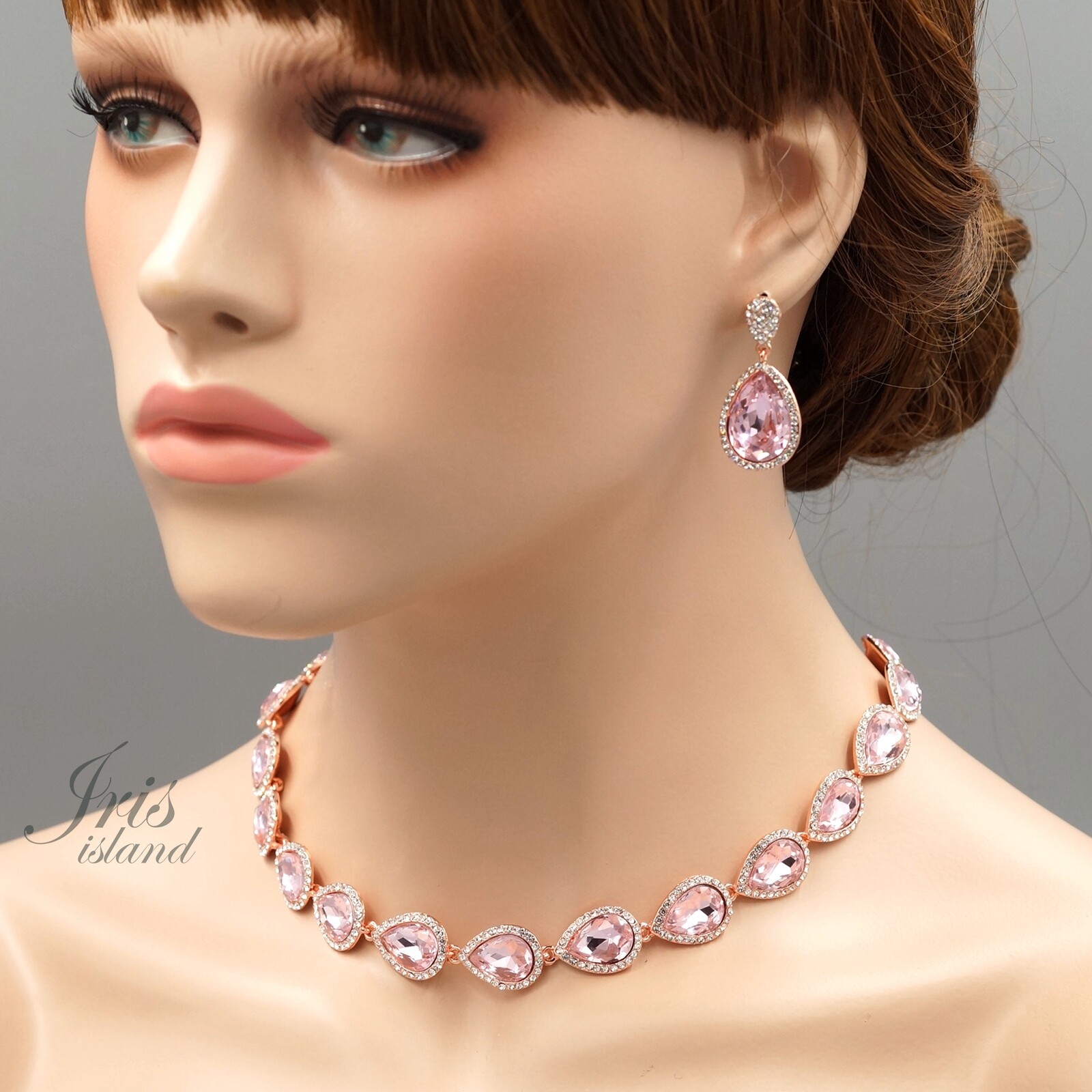 Rose Gold Plated Pink Crystal Necklace Bracelet Earrings Wedding Jewelry Set 829