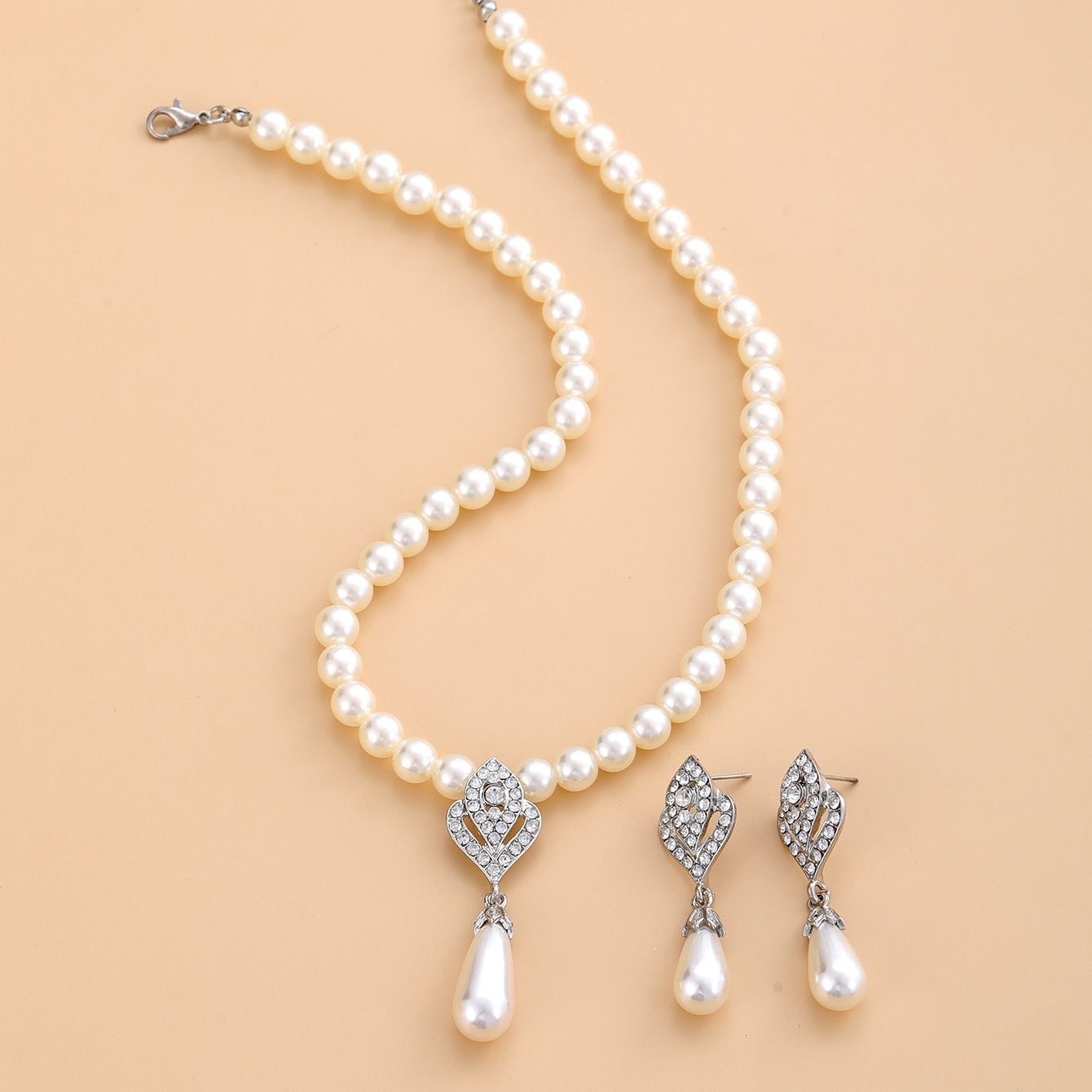 Silver Alloy Jewelry Set Imitation Pearl Drop Necklace Evening Party Accessory
