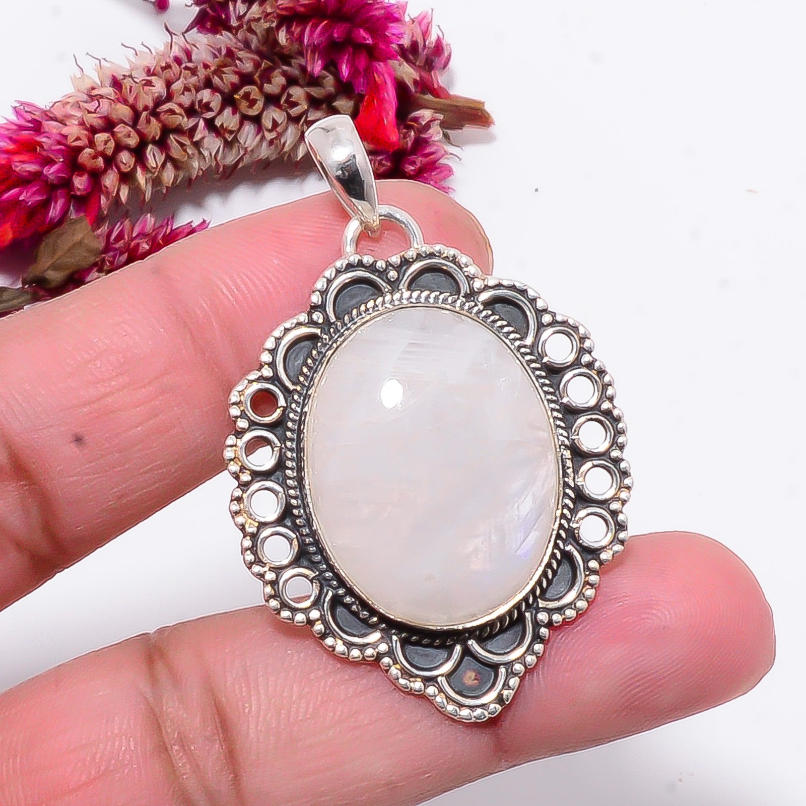 Rainbow Moonstone – India Gemstone 925 Sterling Silver Bali Pendant 1.83″ Sku47