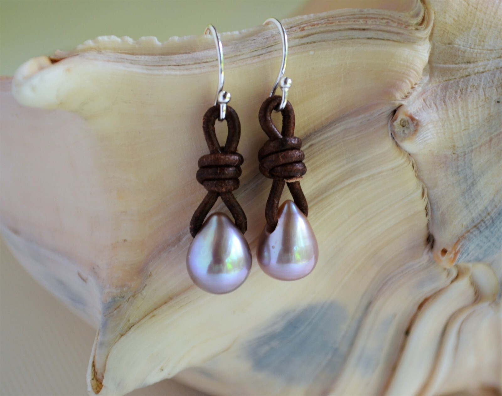 Tea Drop Pearl Earrings Lavender Pearls on Leather Earrings Boho Earrings Yevga