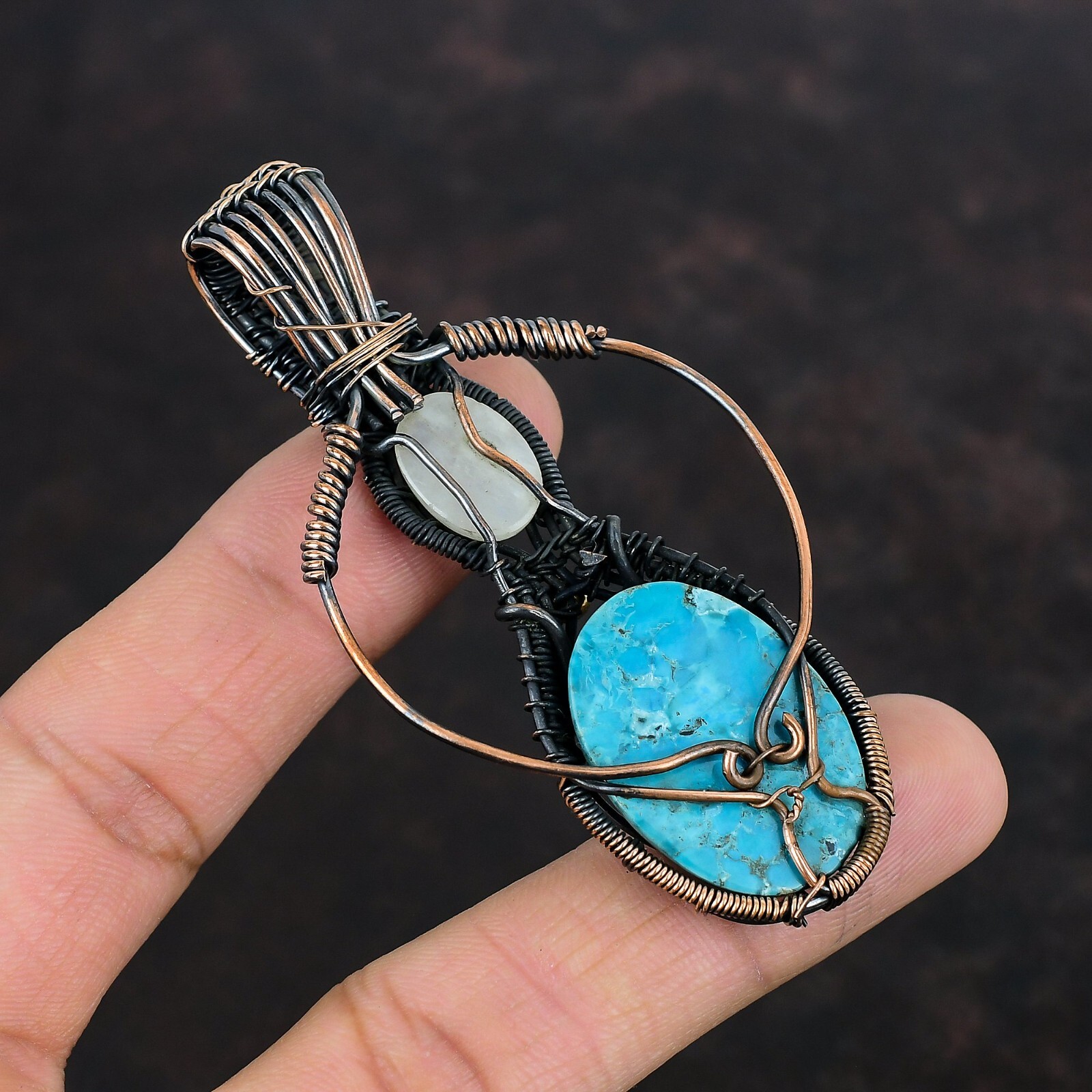Tibetan Turquoise Wire Wrapped Pendant Handcrafted Copper Gift Jewelry 3.15″