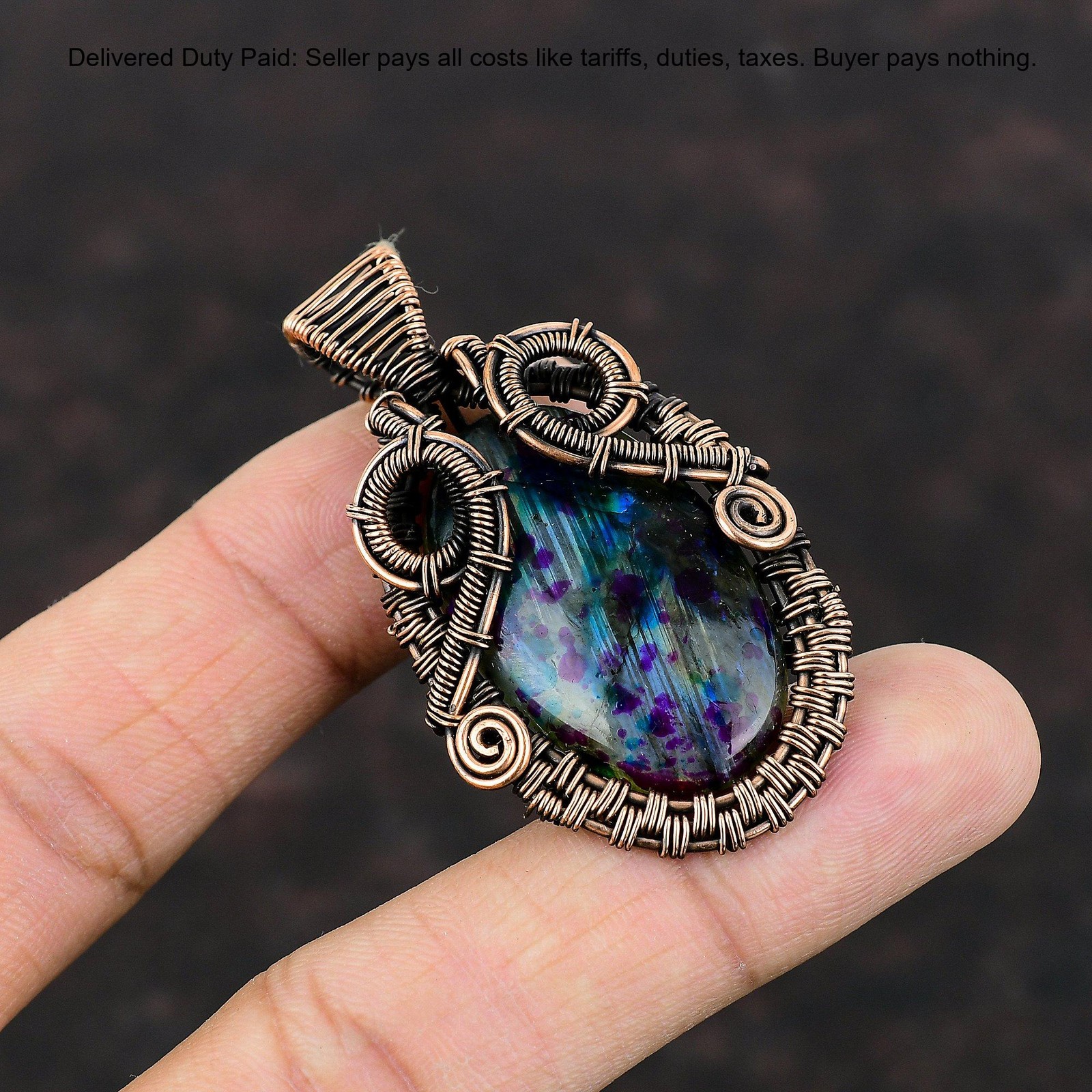 Copper Oval Mystic Fire Labradorite Stone Wire Wrapped Birthday Pendant Jewelry