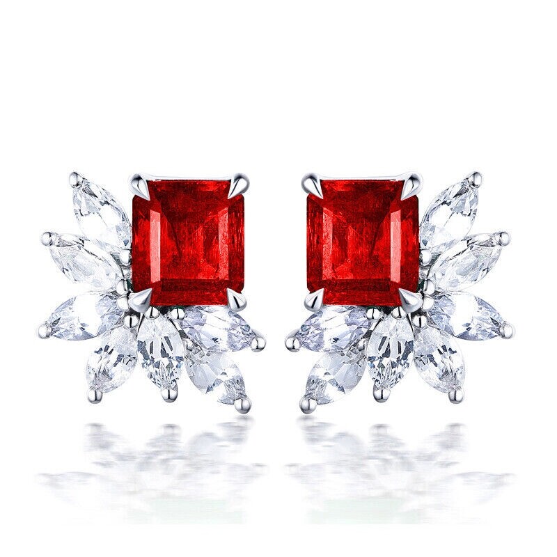 Stud Earrings L: 14mm 925 Silver Cubic Zirconia White Gold Plated Red Green Blue