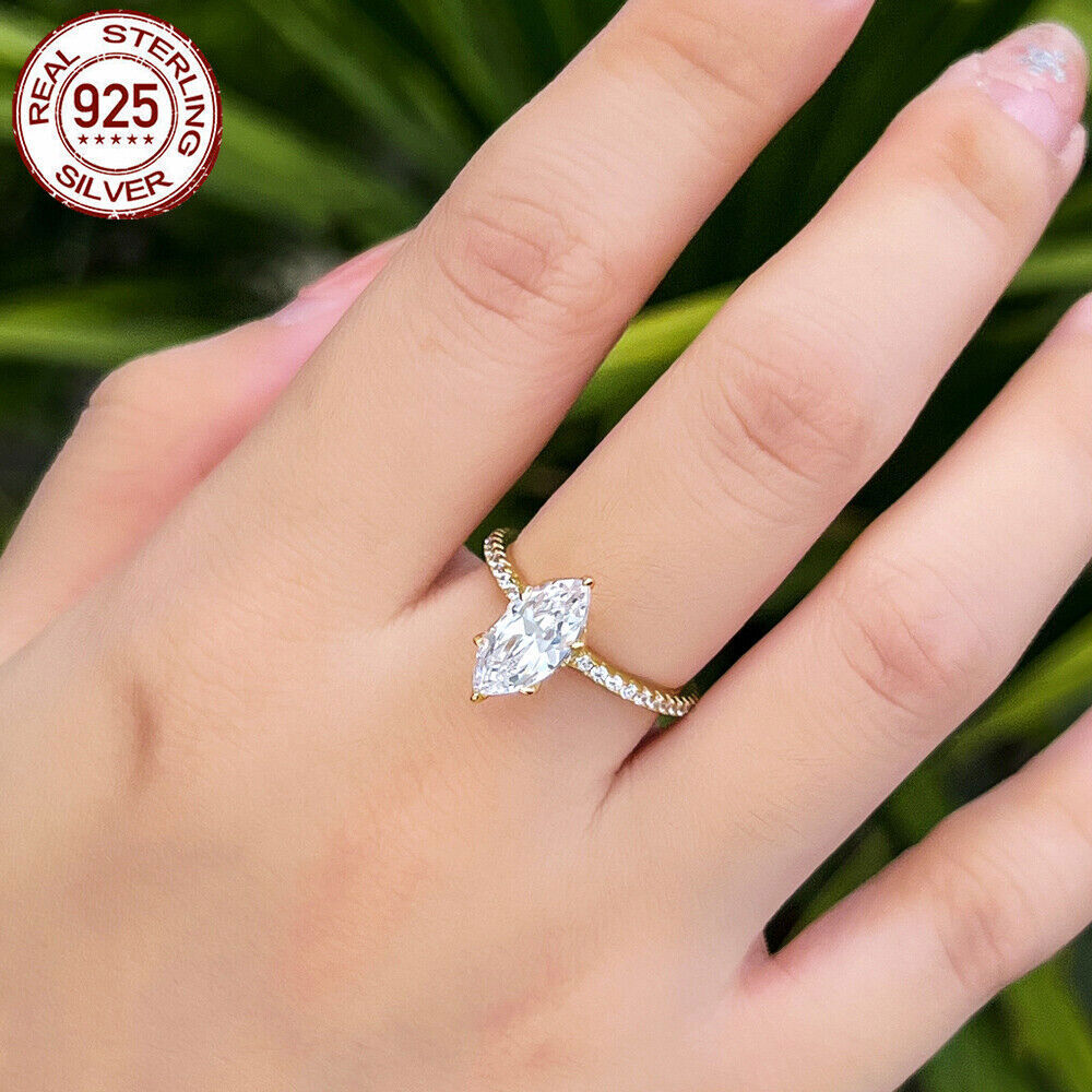 925 Sterling Silver Ring Gold Plated CZ White Marquise Cut Wedding Engagement