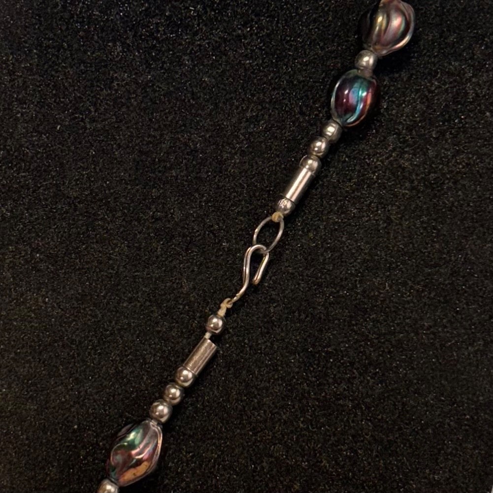 NECKLACE iridescent bronzetone glass beads brasstone metal bead 6 strand 22 1/2″