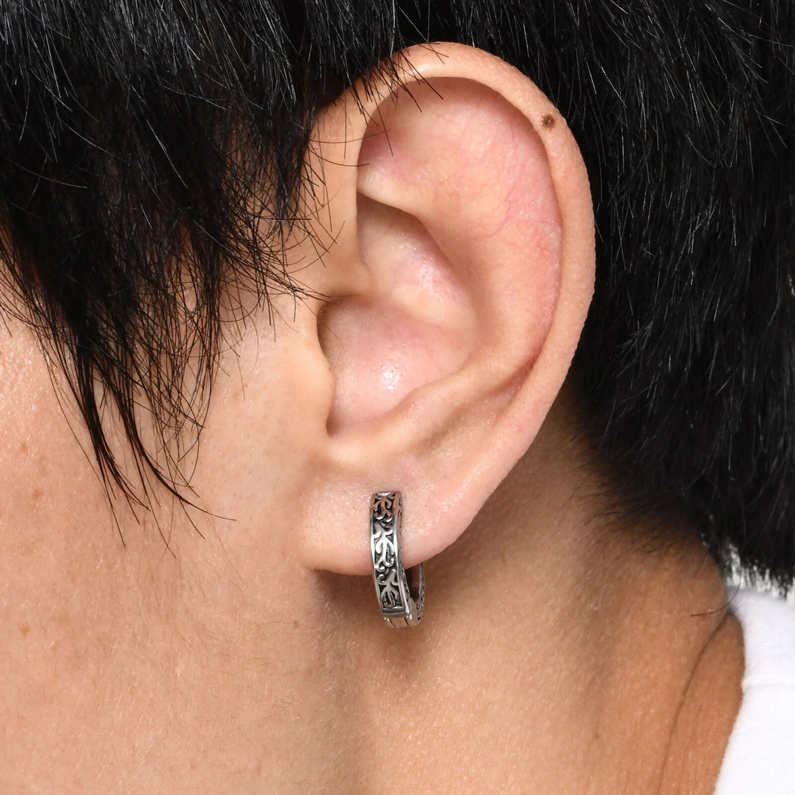 Silver Totem Hoop Huggie Earrings Men Teens Rock Punk Jewelry