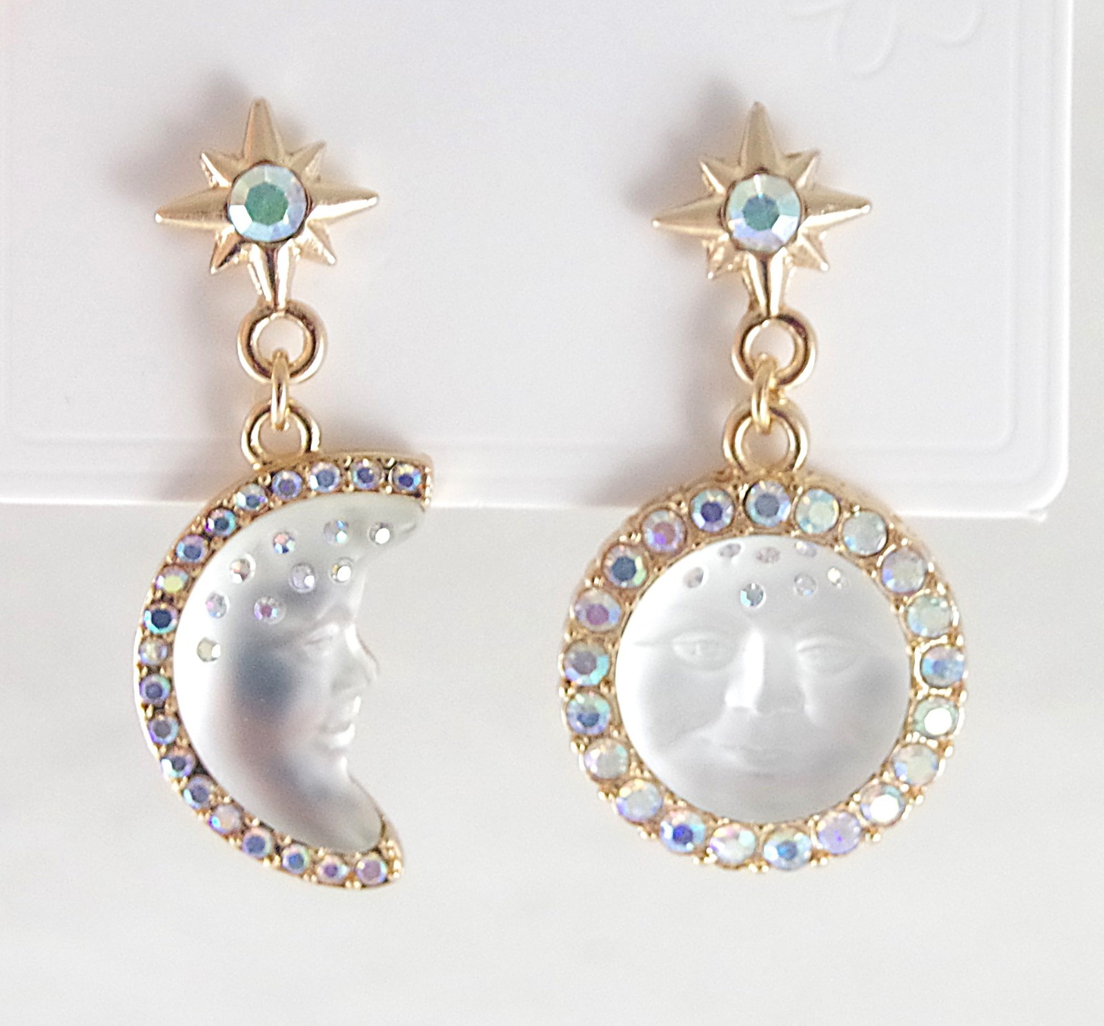 2″ KIRKS FOLLY WHITE SEAVIEW MOON FACE CRYSTAL RHINESTONE DROP DANGLE EARRINGS