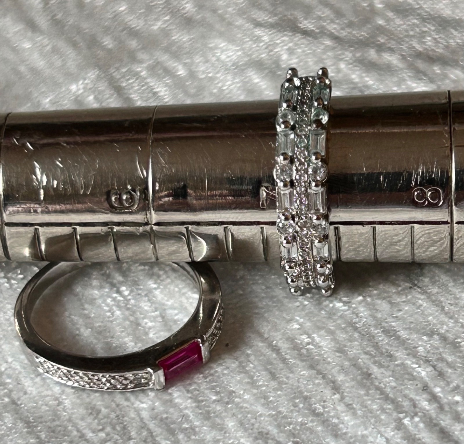 2 channel set baquette style rings silver tone size 7