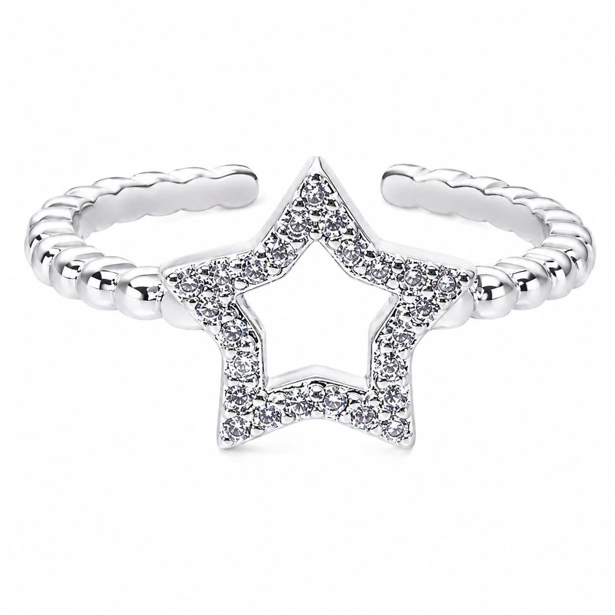 18K White Gold Plated CZ Star Cutout Ring for Women, Stackable Daily Jewelry