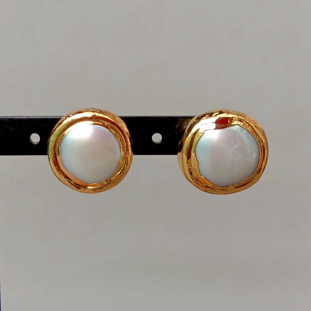 Freshwater White Coin Pearl Bezel Gold Plated Stud Earrings