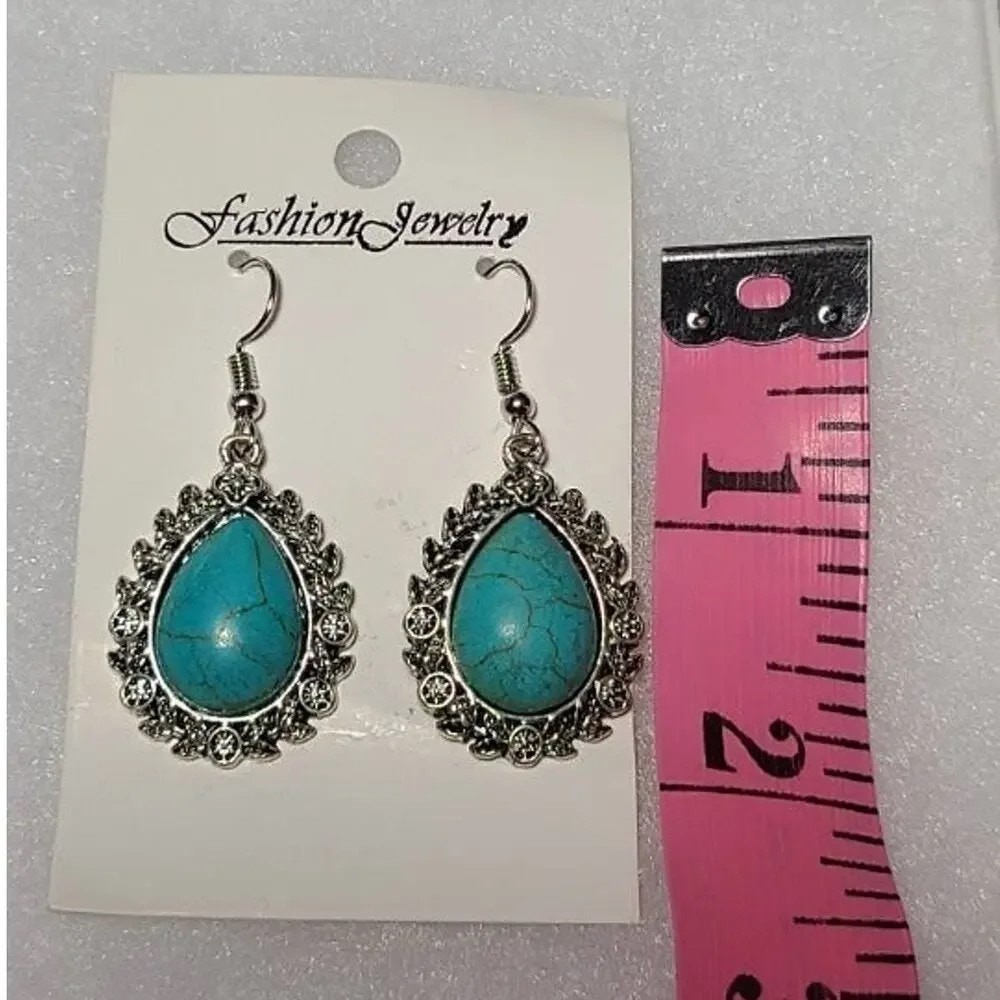 Silver Turquoise Stone Dangle Drop Fashion Earrings Set of 5 ~ NEW