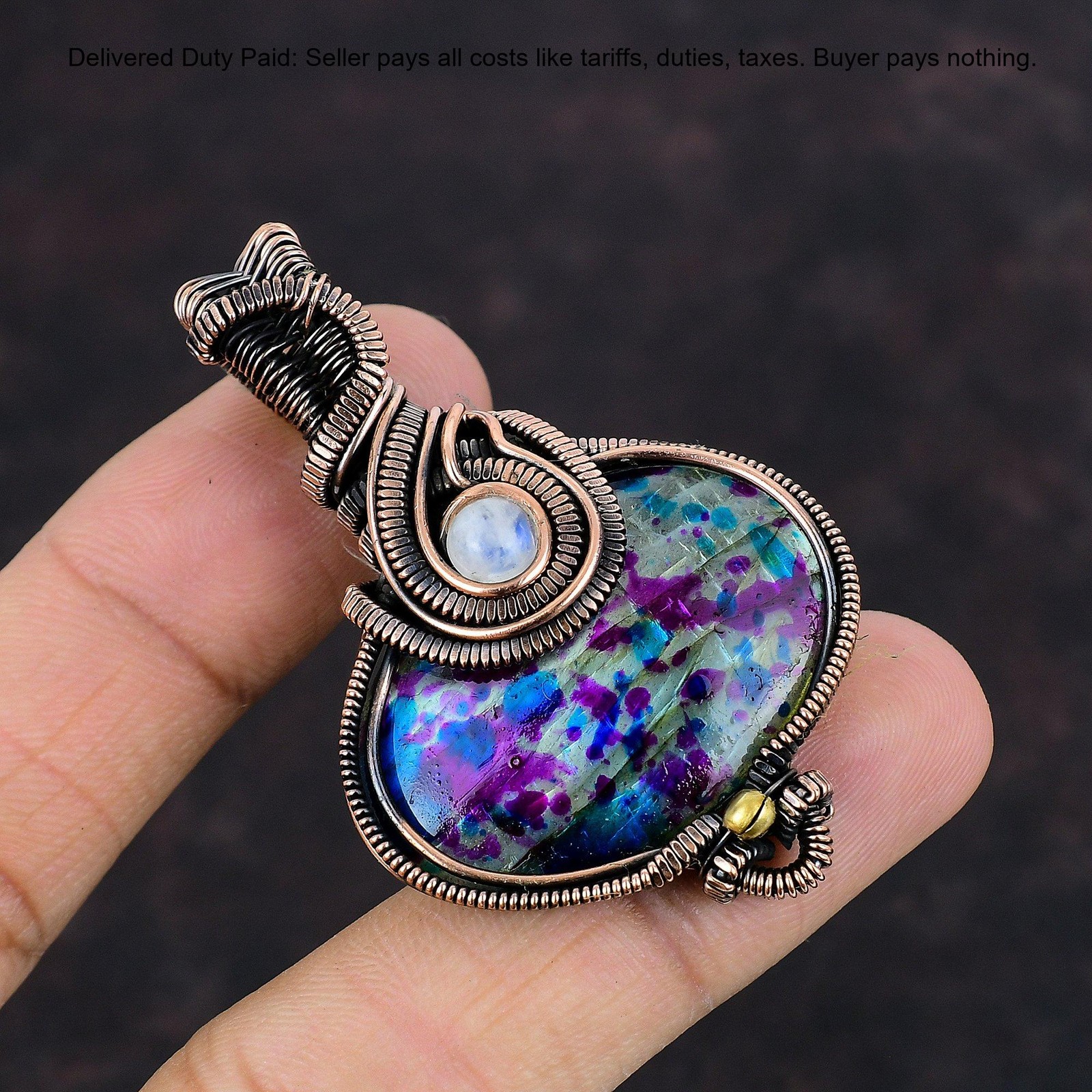 Copper Oval Natural Multi Fire Labradorite Rainbow Moonstone Pendant Jewelry