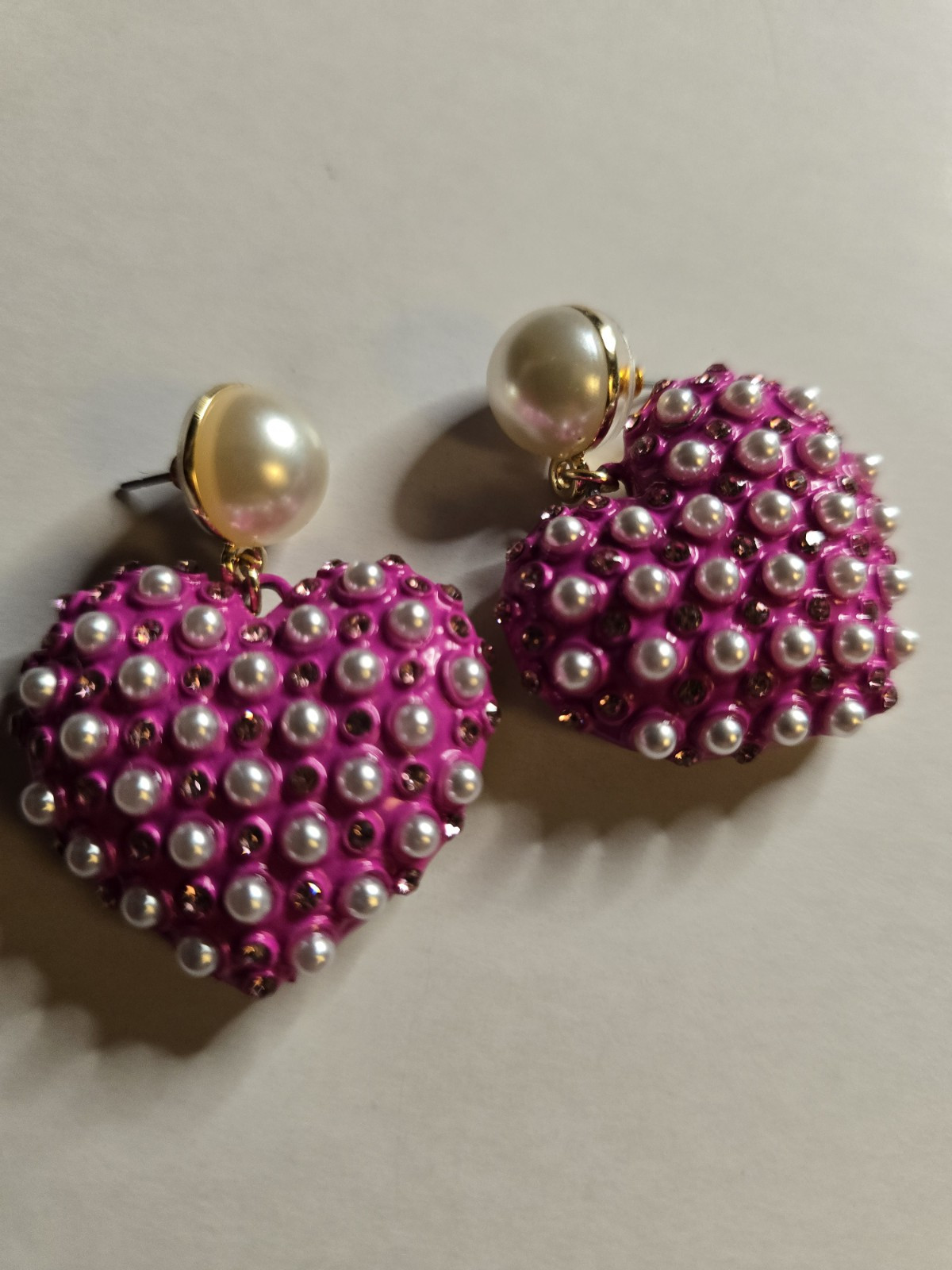 BETSEY JOHNSON Pink Heart Shape Drop Earrings With Pearl Accents