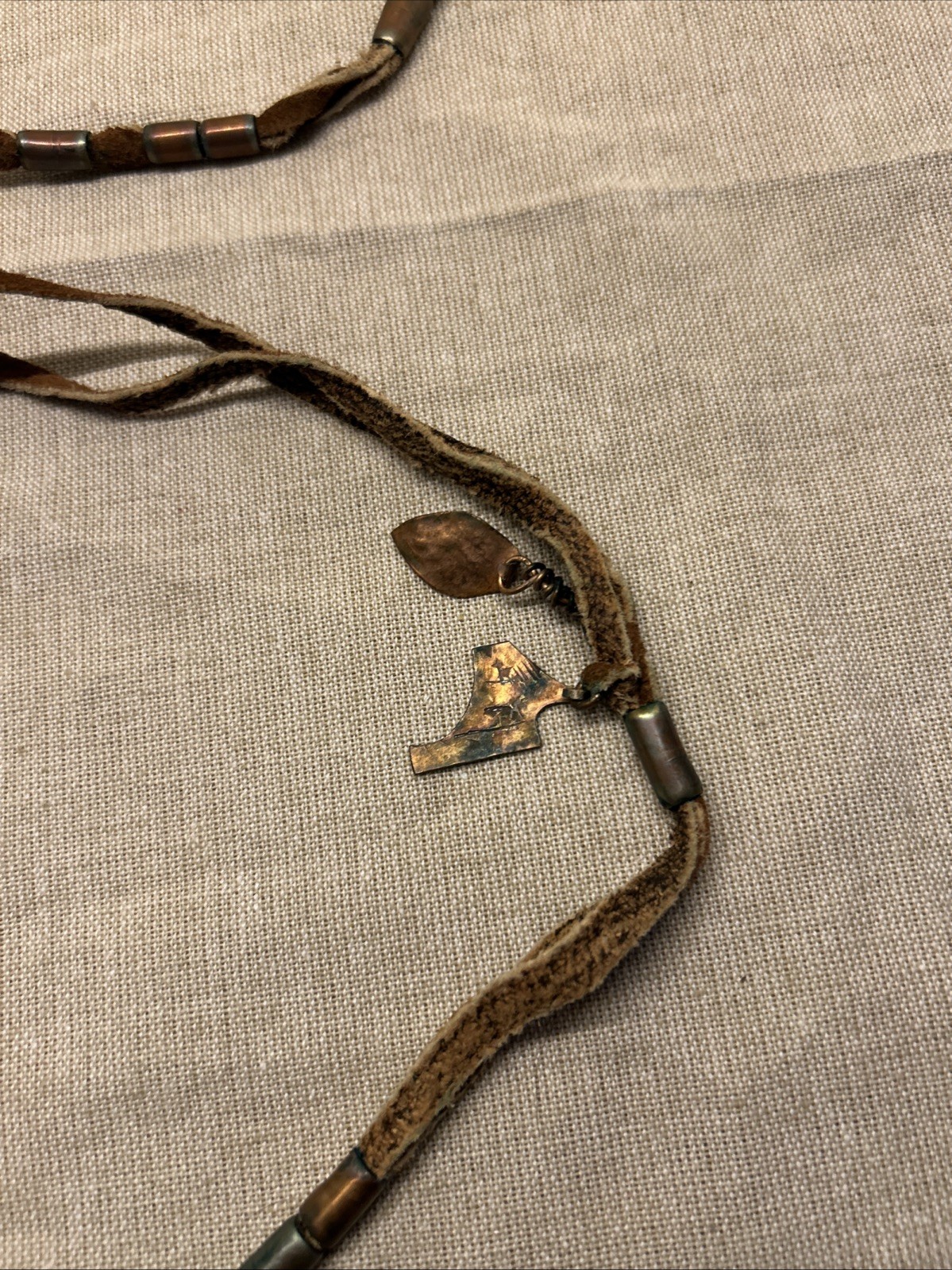 Set of Two Boho Tribal Style Necklaces Leather Cord Copper Metal Charms Beads