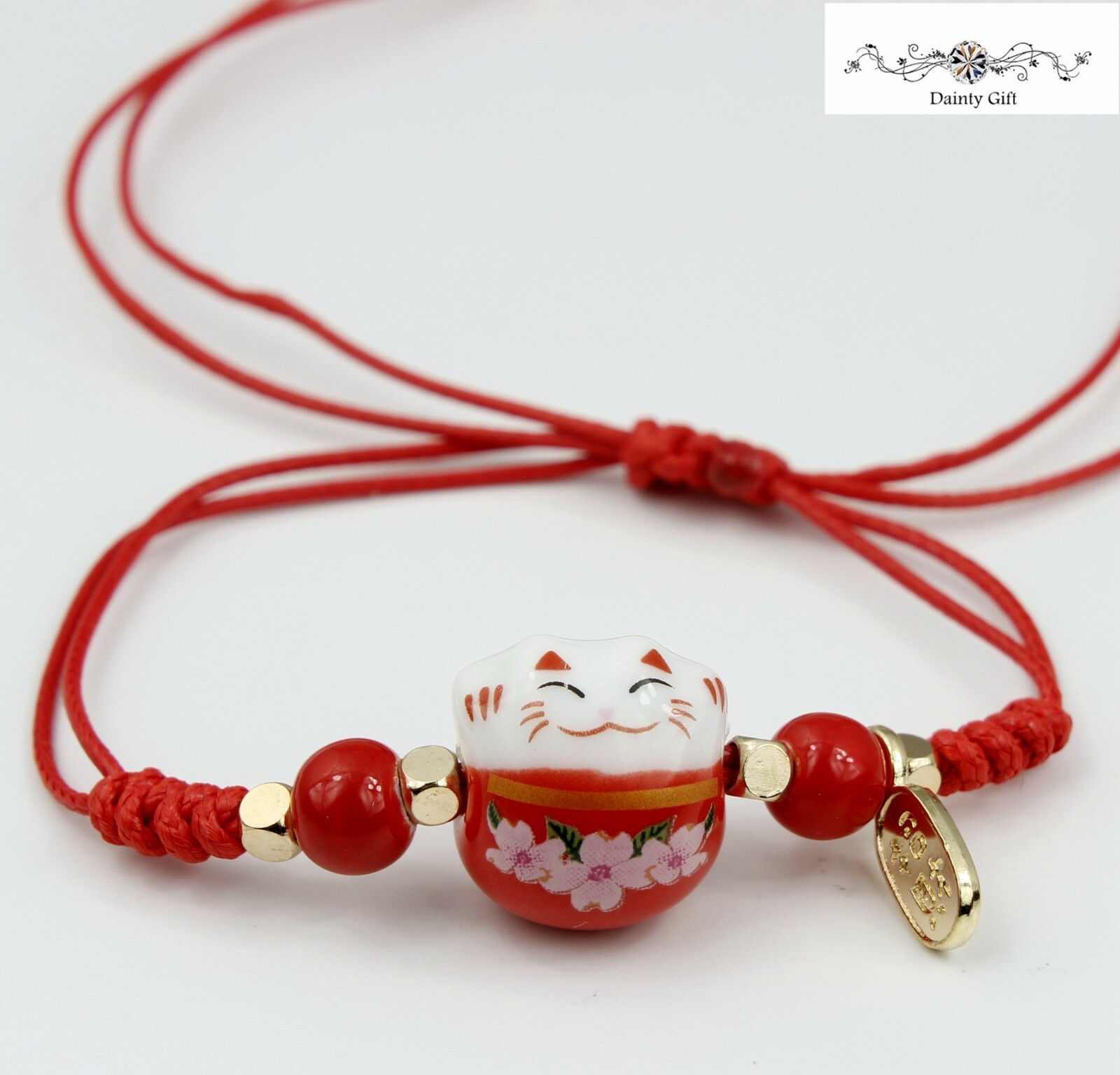 Girl Women Luck Ceramic Fat Flower Cat / Kitty Animal Adjust Rope Bracelet 4-11″