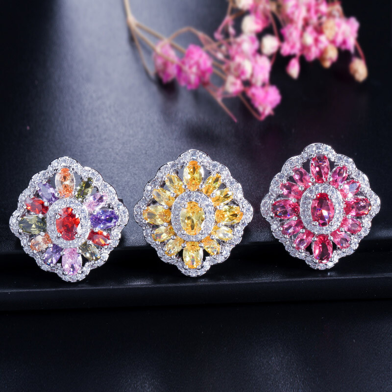 Colorful Pendant Necklace Earrings Ring Silver Plated Women CZ Party Jewelry Set