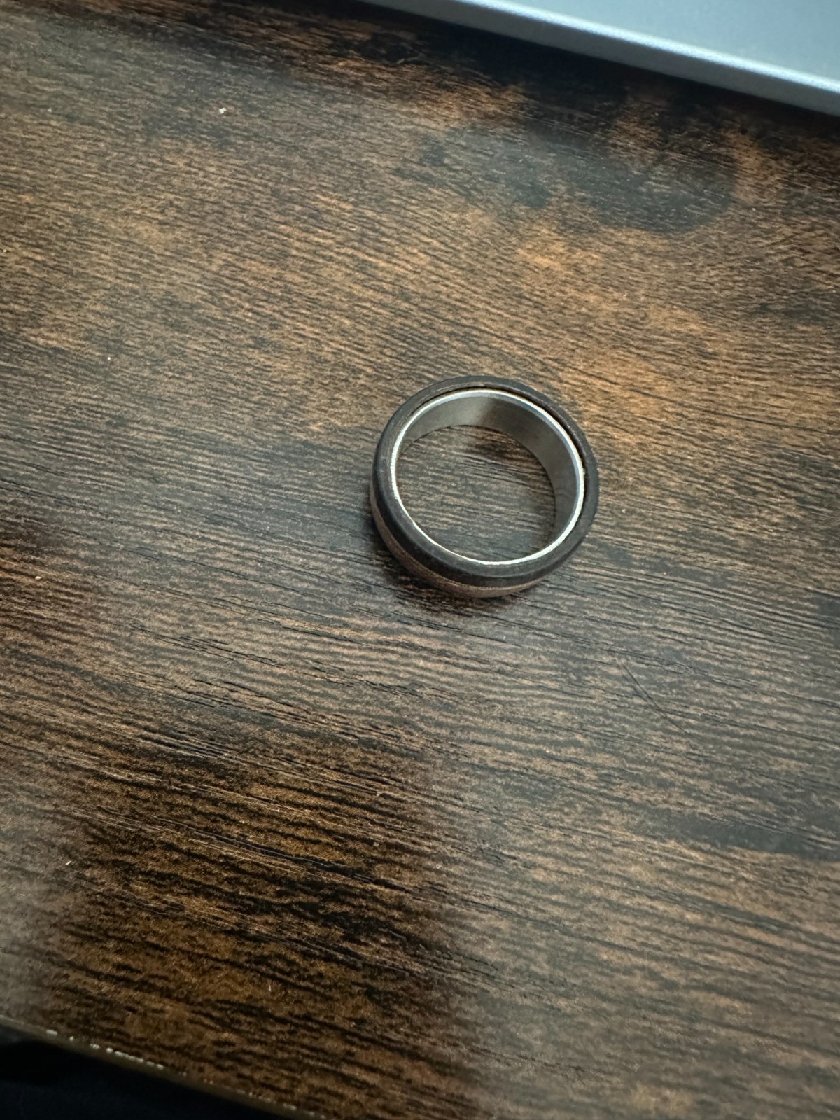 Size 11 Black Ring with Wood Inlay & Gold Accent – Wide Comfort Band – Great Con