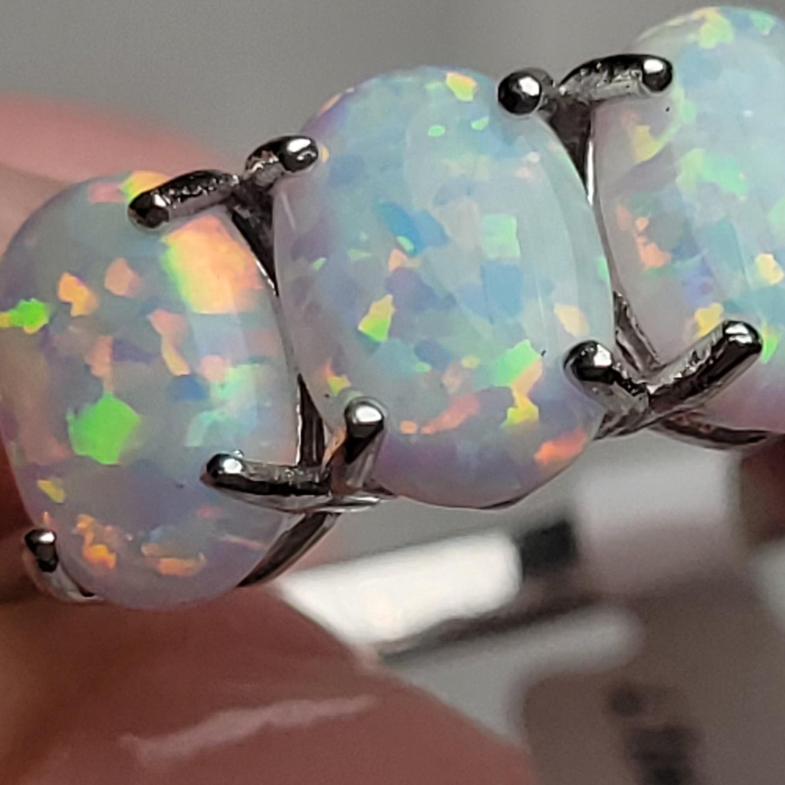 Beautiful Opal 3-Stone Ring Size 7. 925 Sterling Silver. Gorgeous Colors!