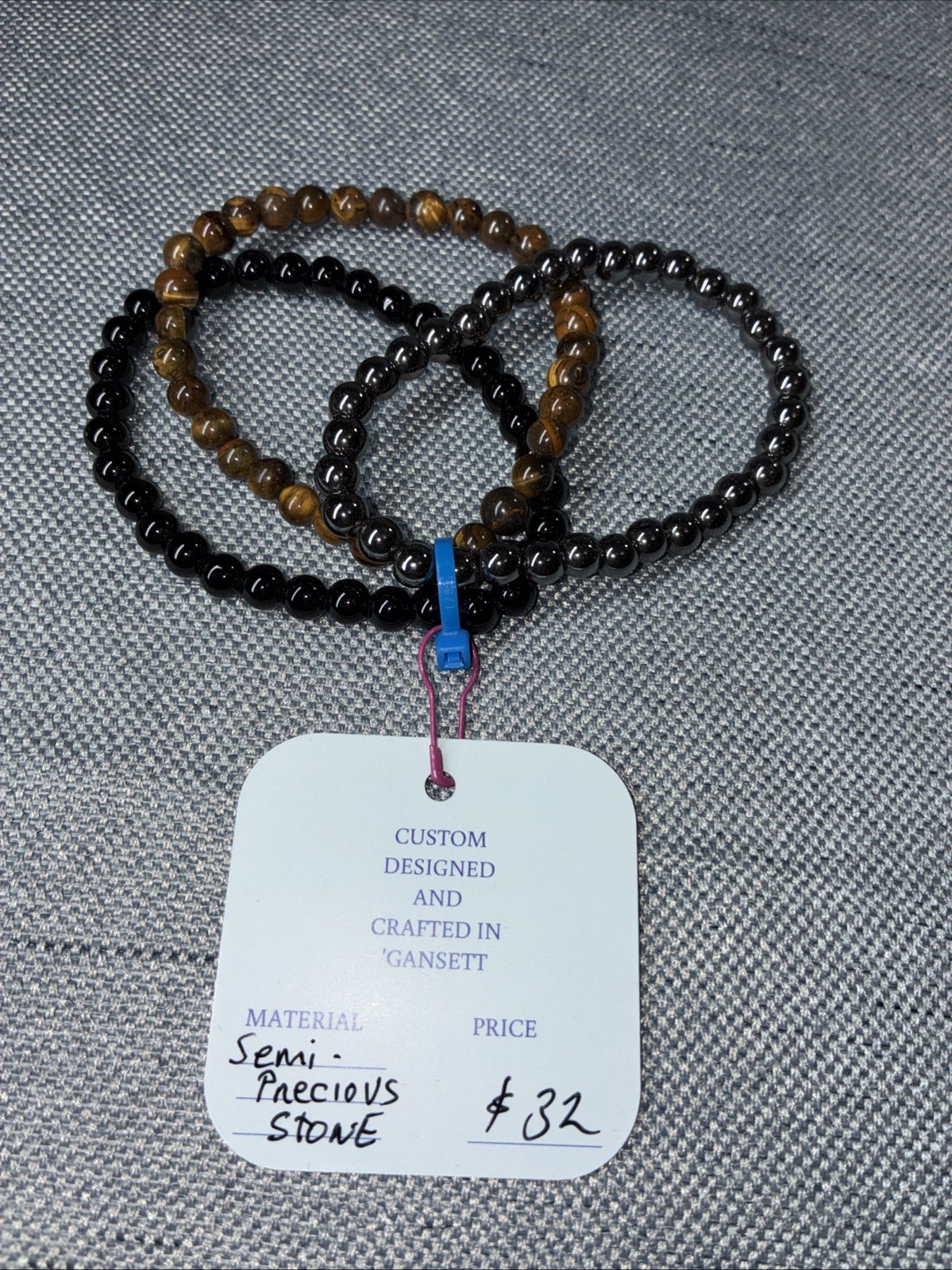 Semi Precious Stone ONYX, HEMATITE & TIGER EYE – 3 Beaded Stacking Bracelets