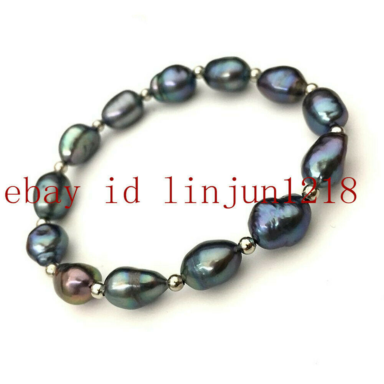 Natural 9-10mm Tahitian Cultured Freshwater Black Pearl Bracelet 7.5” AAA