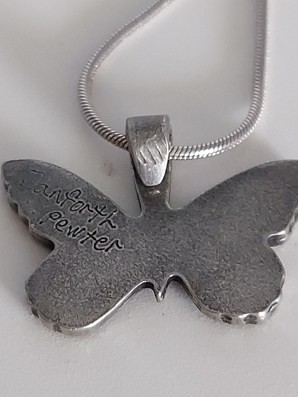 Danforth Pewter Blue Butterfly Pendant Necklace .925 Chain 17”