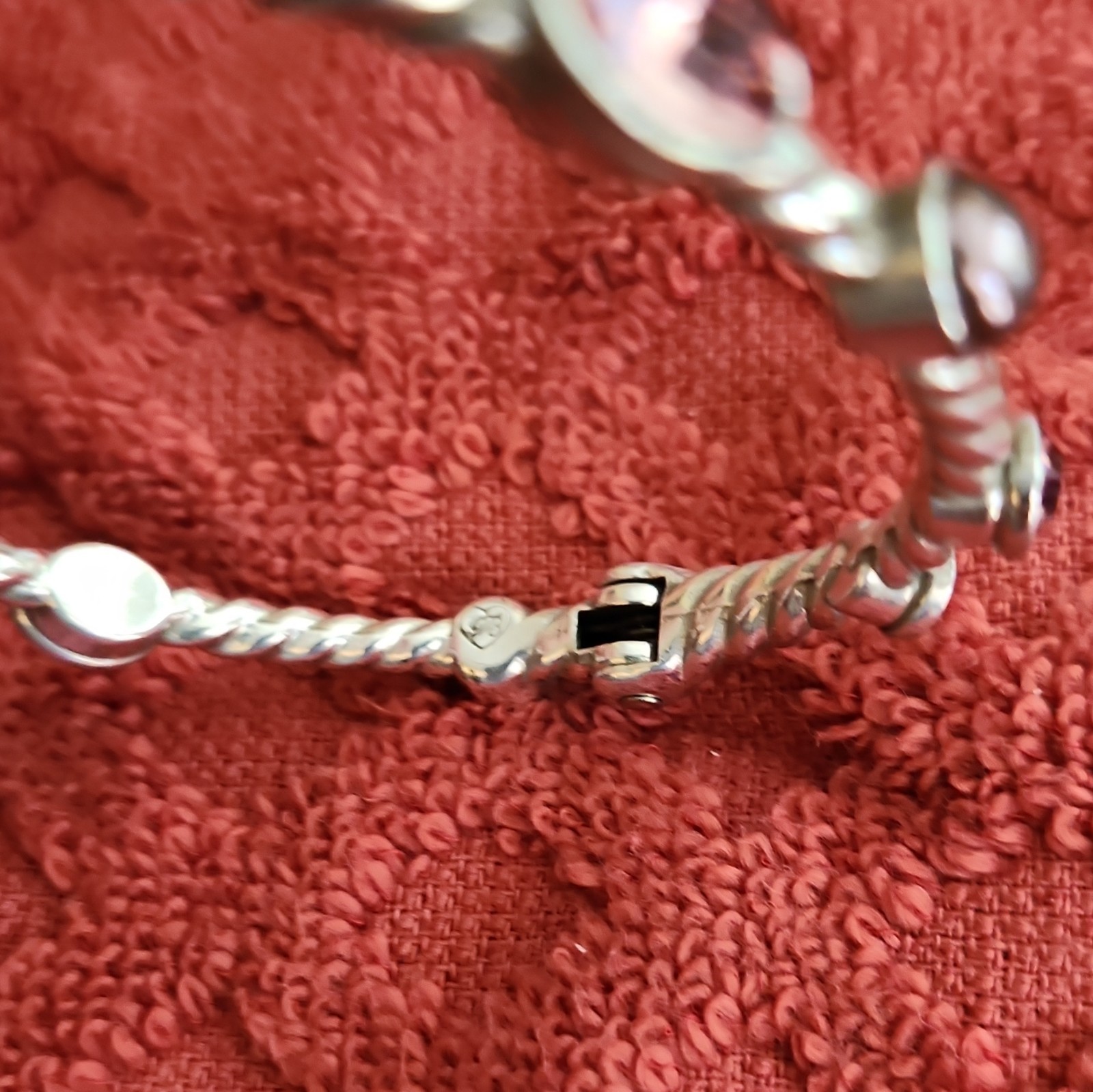 Brighton Silver Tone Bangle Bracelet Purple Crystal Bezel Stations Box Clasp