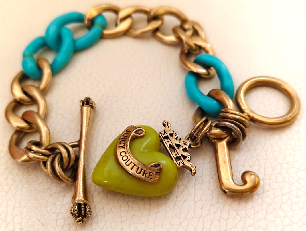 Vintage Juicy Couture Gold Tone Toggle Bracelet Turquoise Resin Links Green Hear