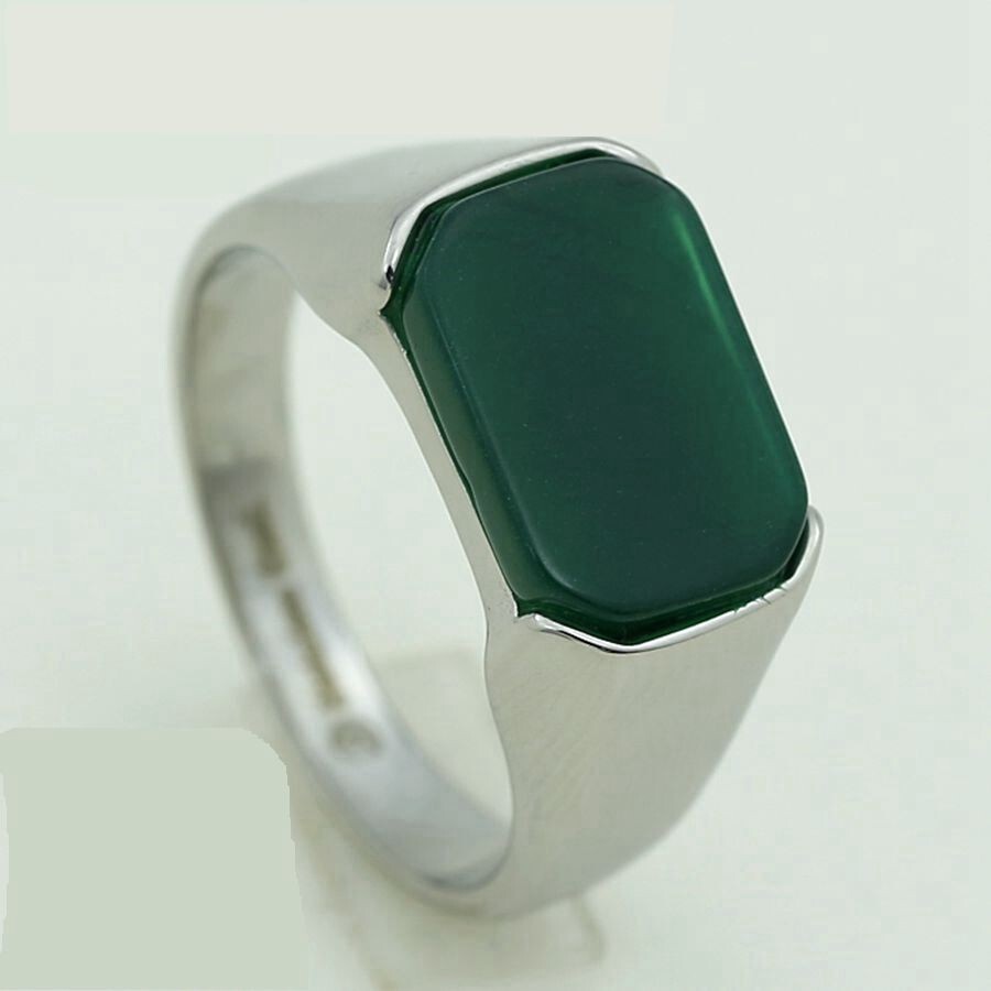 DG Men’s Stainless Steel Silver Green Jade Stone;Rings 8-13 High Polish Box