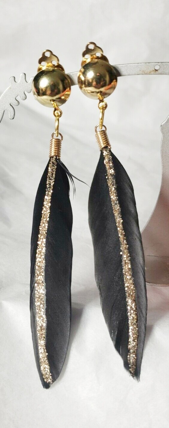 Feather w/glitter clip on earrings, black,white,blue,pink,orange,yellow handmade