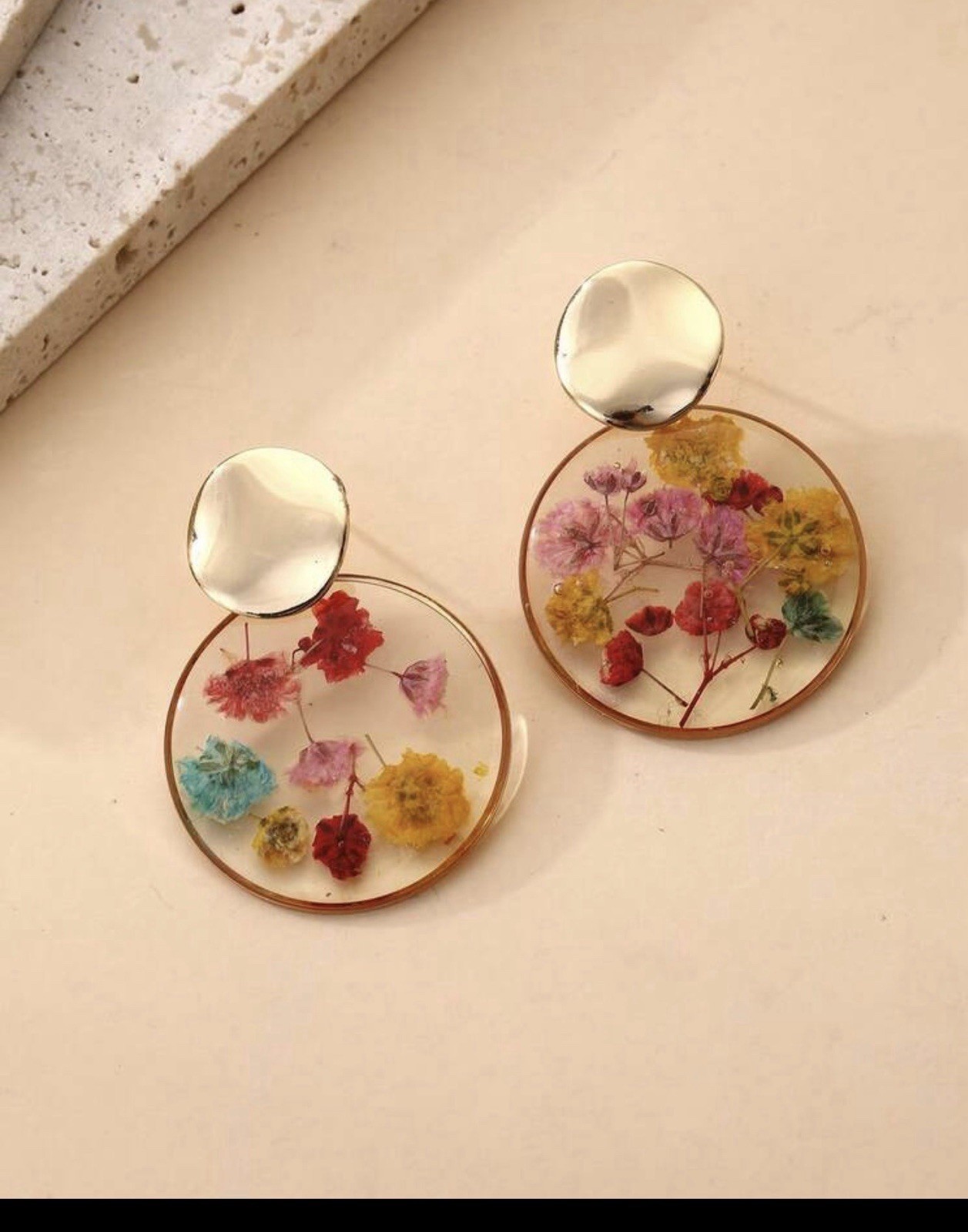 Multicolor Floral Resin Dangle/Drop Earrings Round Shape No Stone