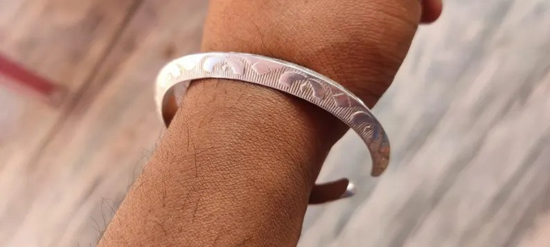 Sterling Silver Cuff Bracelet for Men, Engraved Tribal Open Bangle, Handmade Min
