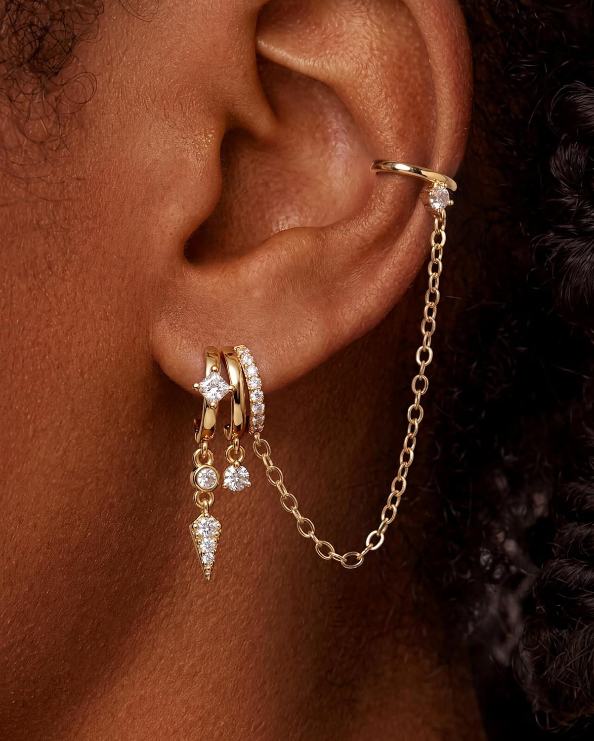 Triple Huggie Stacked Earrings for Women Gold Chain Drop Dangle Earrings Cute St