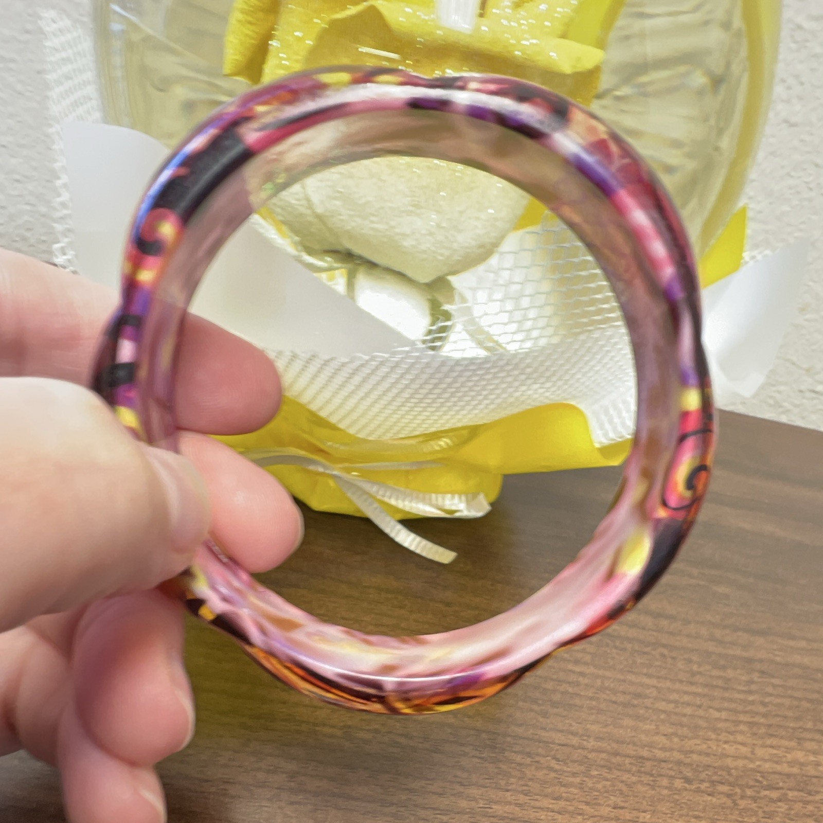 2 Vintage Multicolor Floral Lucite Scalloped Bangle Bracelets Pink Purple Red