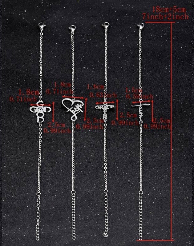 4 Religious Bracelets Faith Cross Letter Silver Stackable Adjustable Lot