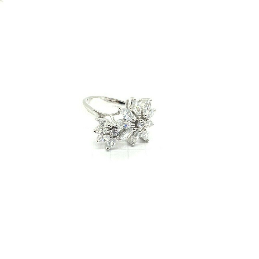 (SIZE 6,7,8,9) Sparkling Double FLOWERS RING Clear CZ Stones 925 STERLING SILVER