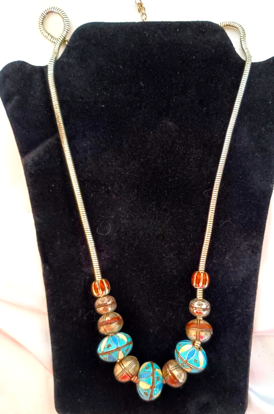 Vintage Fashion Necklace Pretty Enameled Metal Beads on a Silver Tone Chain