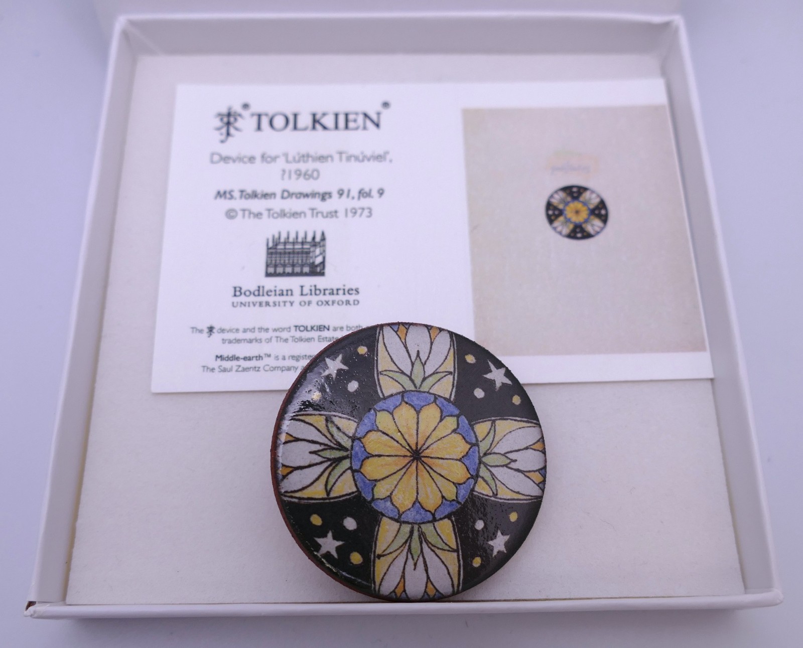 Tolkien Ceramic Pin Floral Enamel Luthien Tinuviel Bodleian Libraries 3.8cm