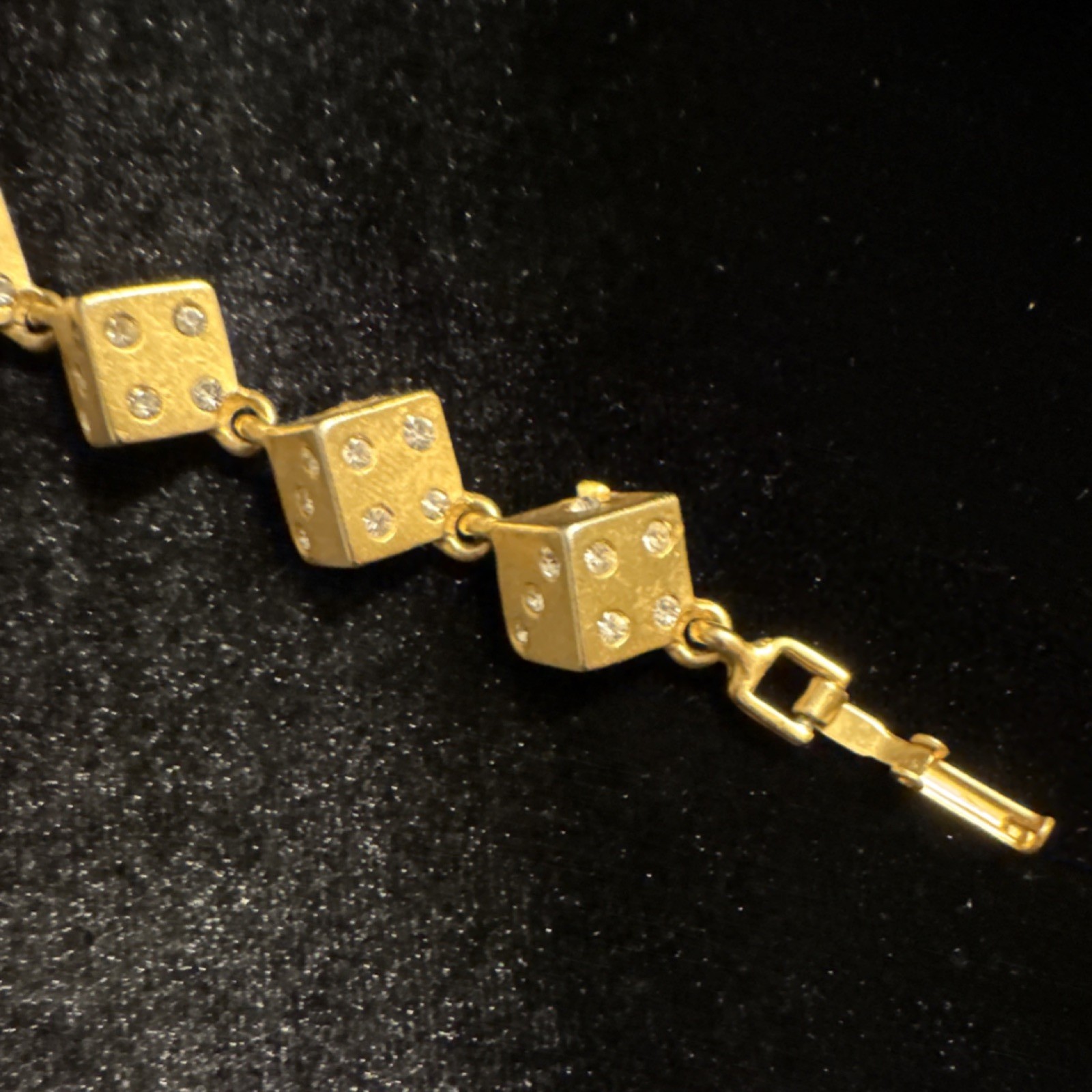 Gold Tone Dice Link Bracelet Clear Crystal Accents Snap Clasp 7.5 in