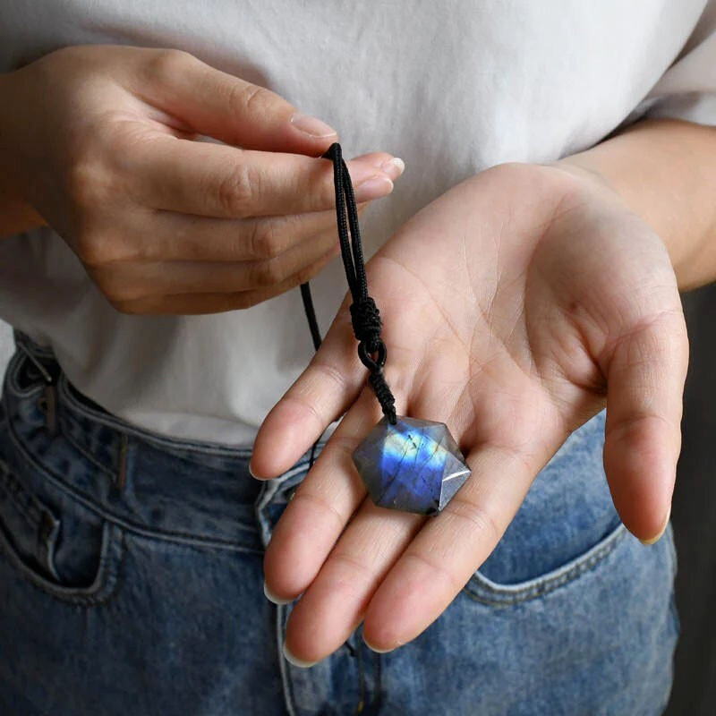 Natural Labradorite Hexagon Pendant Crystal Healing Amulet Women Men Necklace