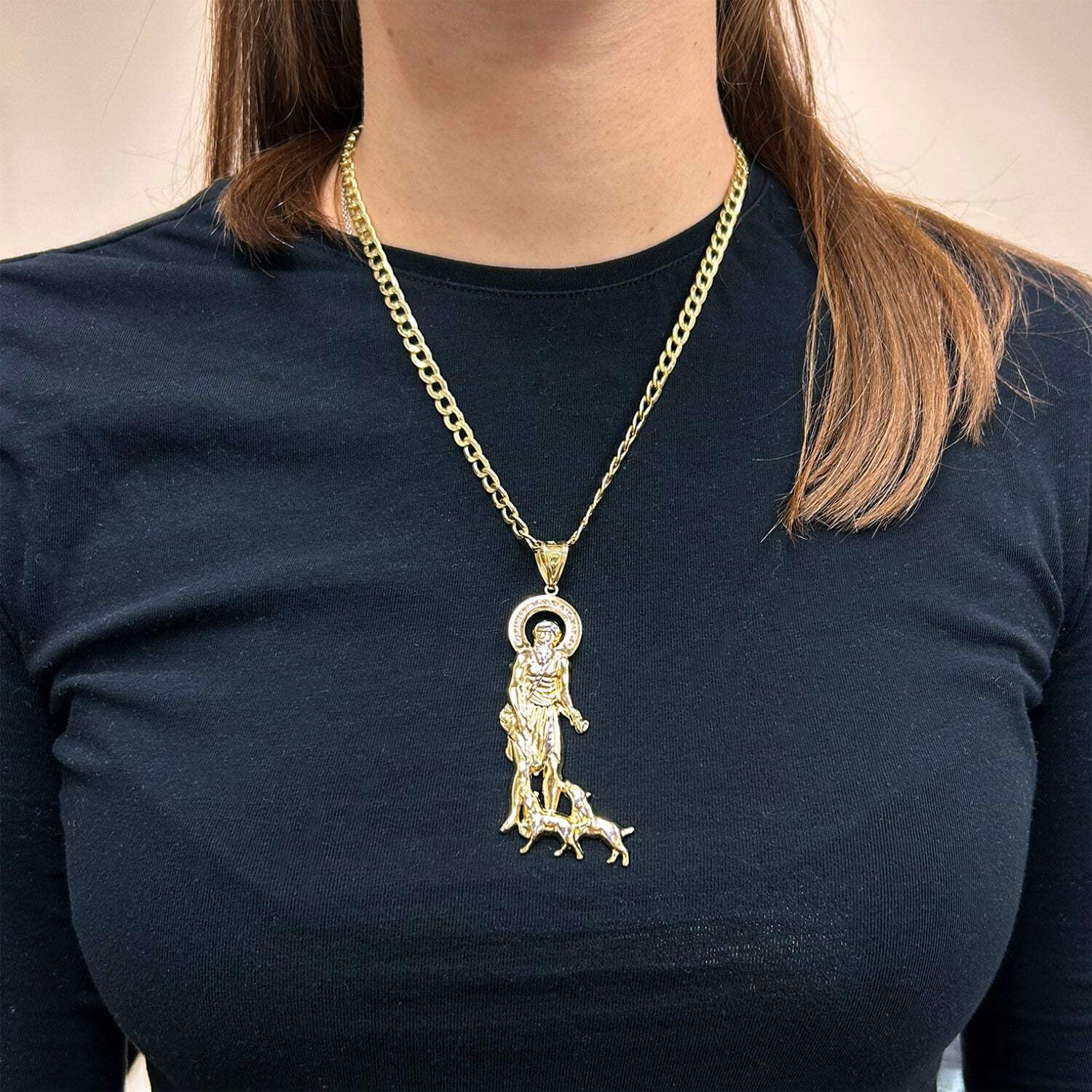 10K Real Gold Yellow Diamond-Cut Religious Saint Lazarus Pendant 3.41″