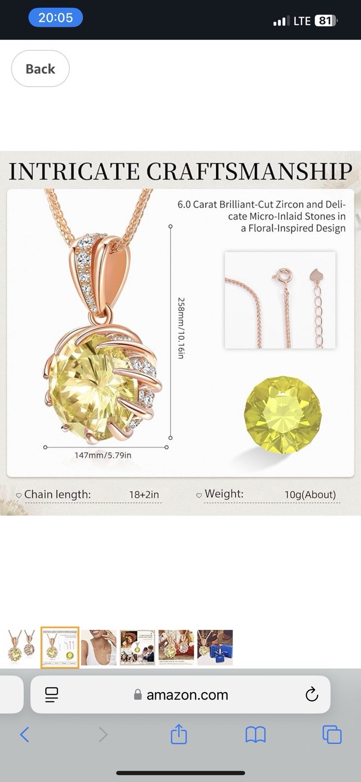 CeaKIev 6.0Carat (12.0mm) Round Cubic Zirconia Pendant Necklace