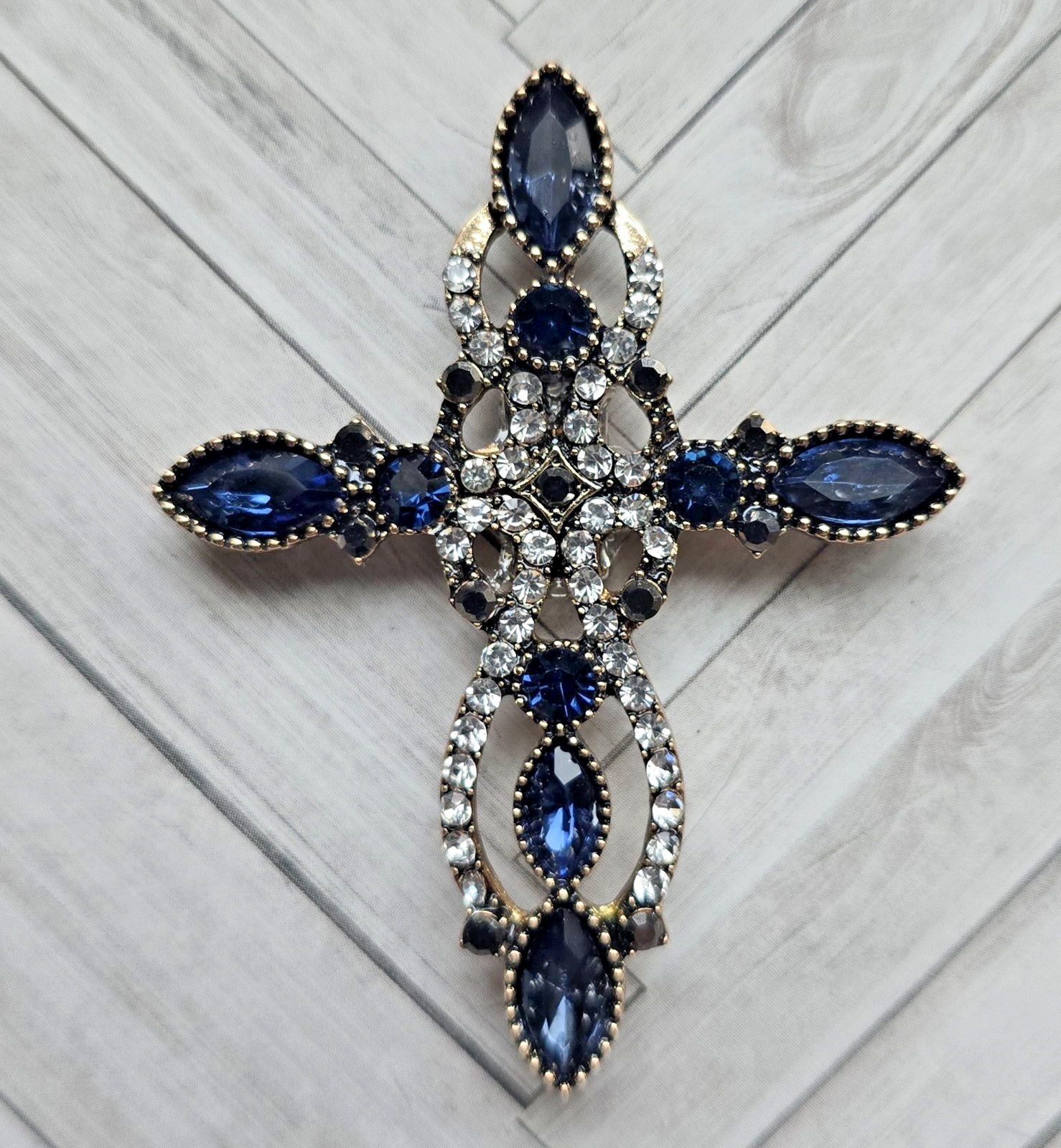 Blue Gold MAGNETIC Crystal Cross Brooch. Christmas brooch Easter brooch Pin Free
