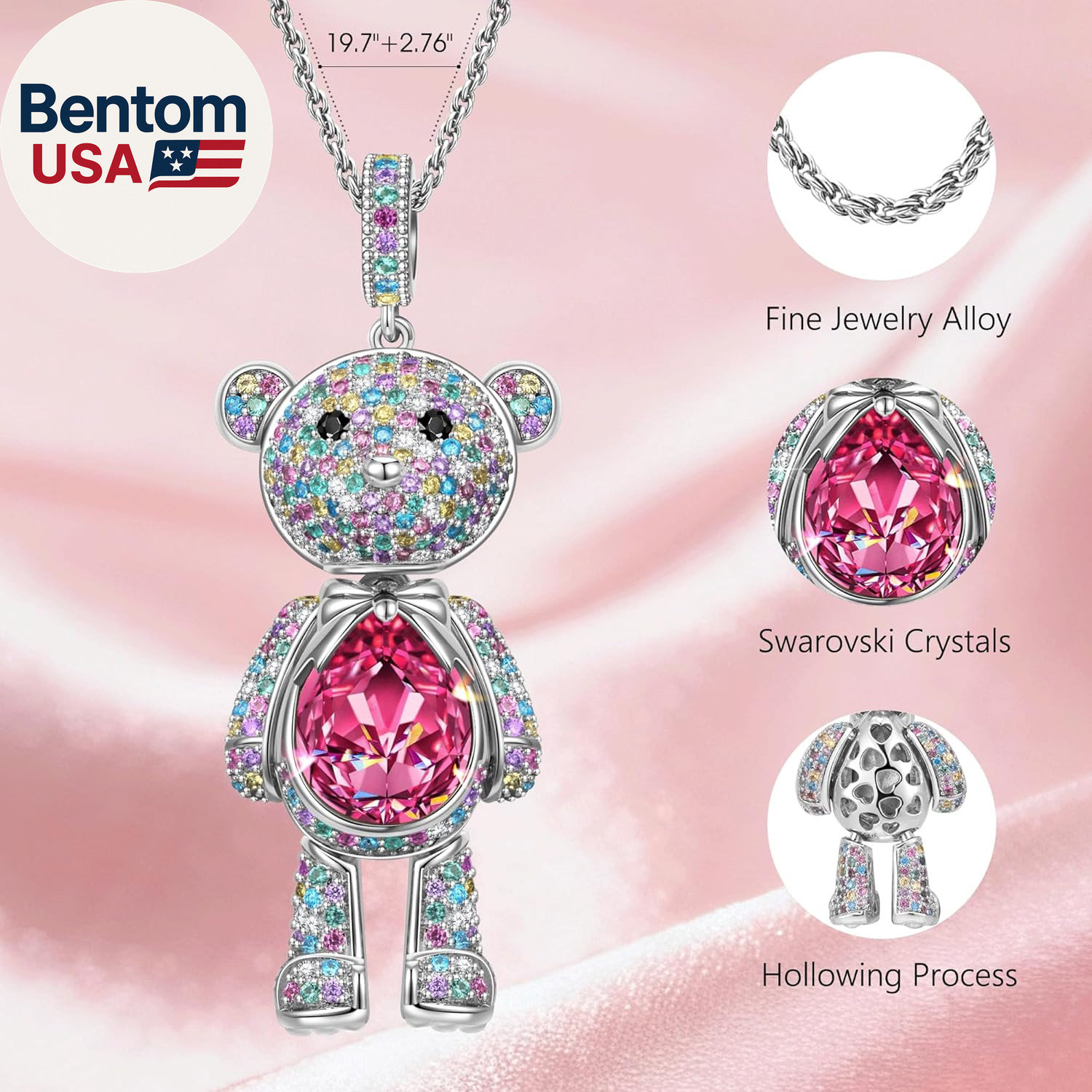 Teddy Bear Pendant Necklace for Girls – Created with Swarovski® Crystals, Movabl