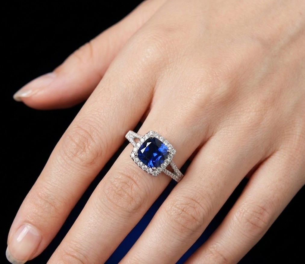 Cushion Cut Blue Sapphire Halo Engagement Ring, Sterling Silver Ring