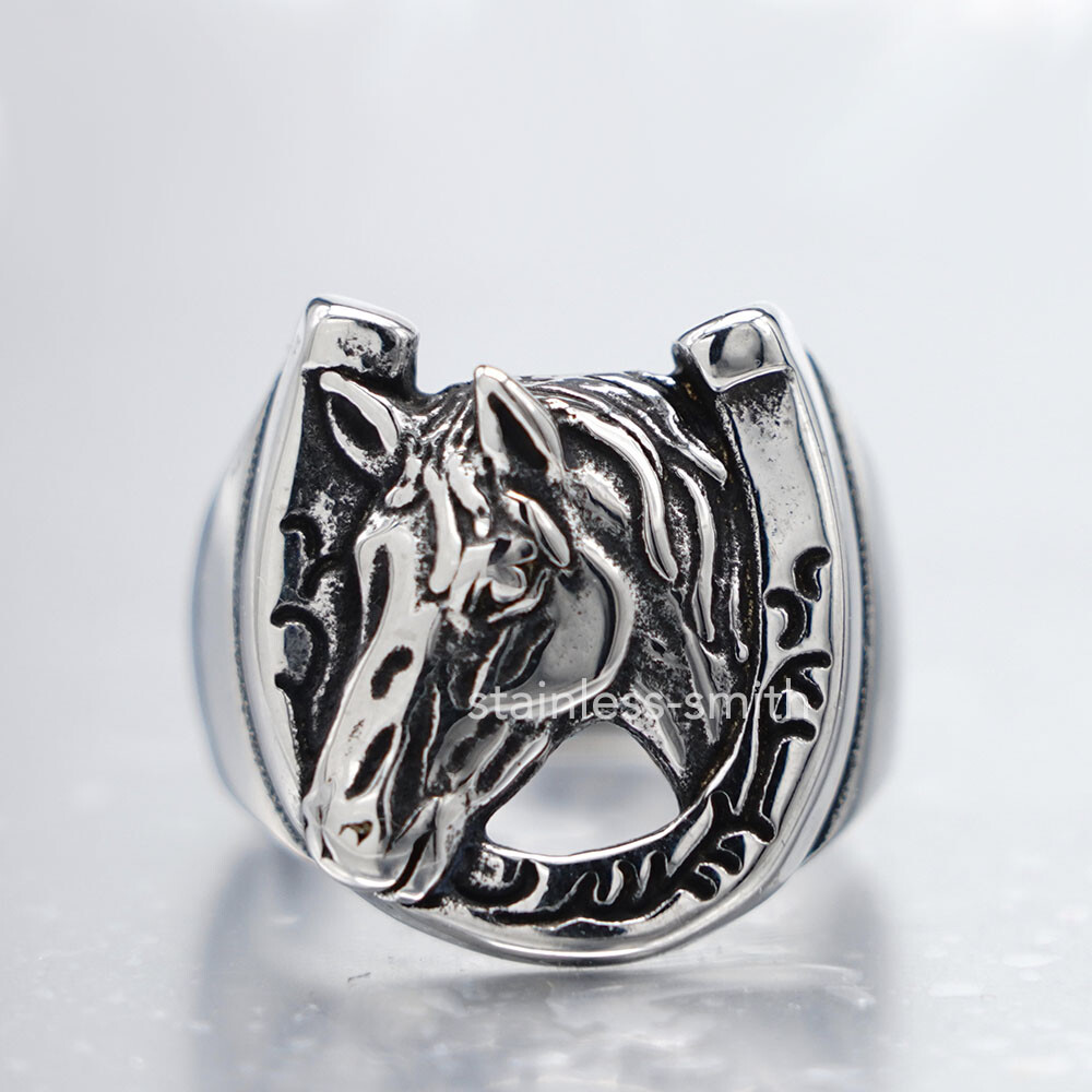 Mens Womens Stainless Steel Wild Horse Head Shoe Horseshoe Ring Size 6 7 8 9-15