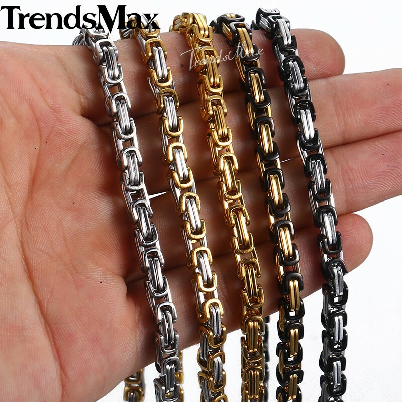 5mm Mens Byzantine Box Link Chain Stainless Steel Necklace Silver/Gold Plated