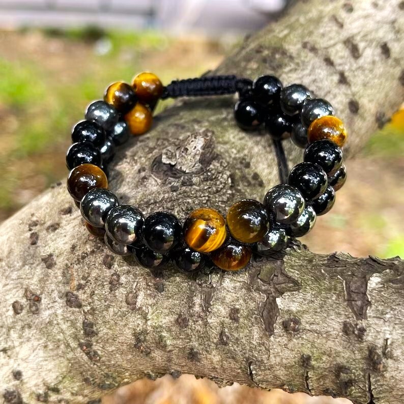 Triple Protection Tiger Eye Hematite Obsidian Bead Healing Adjustable Bracelet