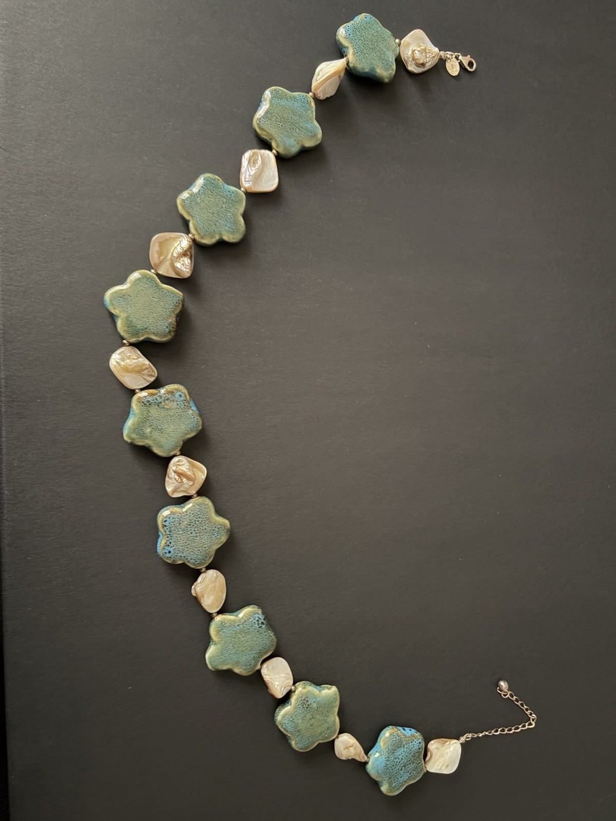 Vintage Donna Dressler Signed 23.5″ Teal Star Necklace – Mother of Pearl 925
