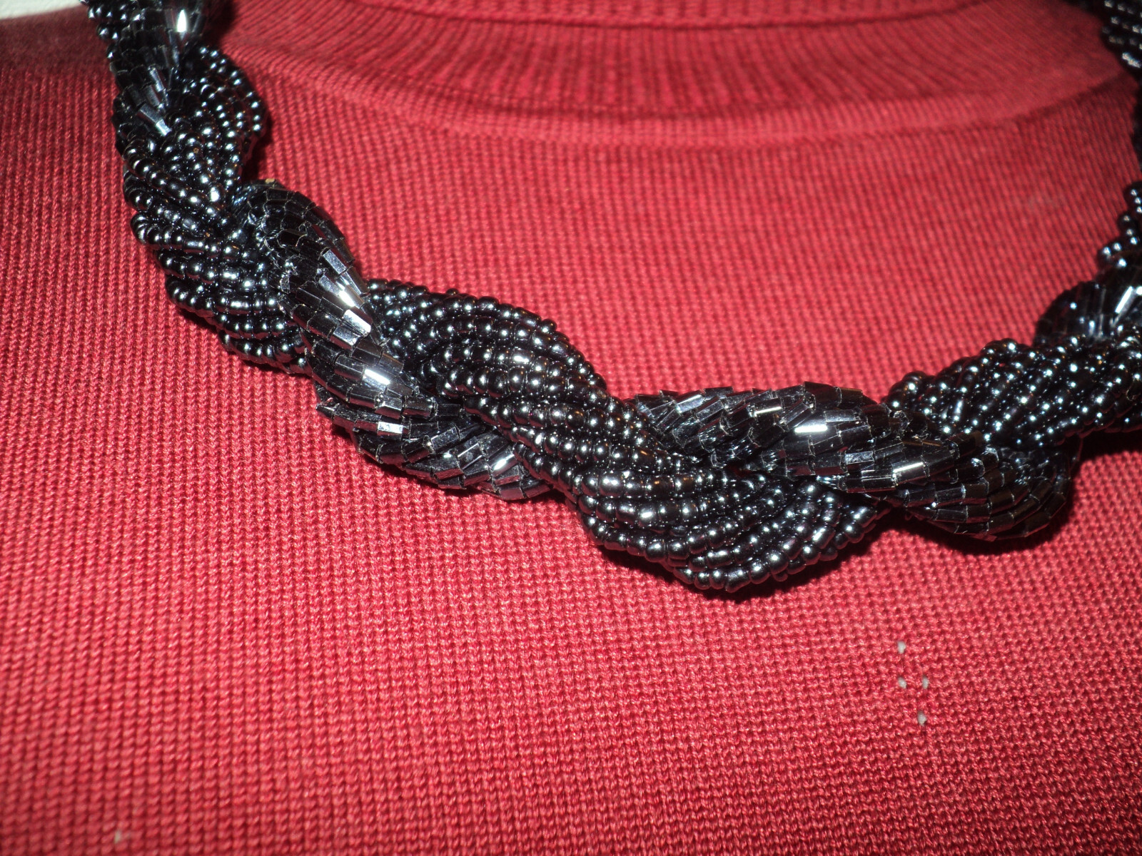 Necklace Czech Seed Bead Twisted Strand Rope Black 18″ L + 2.5″ Extender Vintage