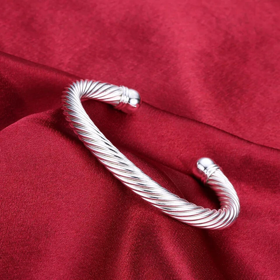 2x Women’s 925 Sterling Silver Twisted Cable Open Cuff Bangle Fashion Bracelet